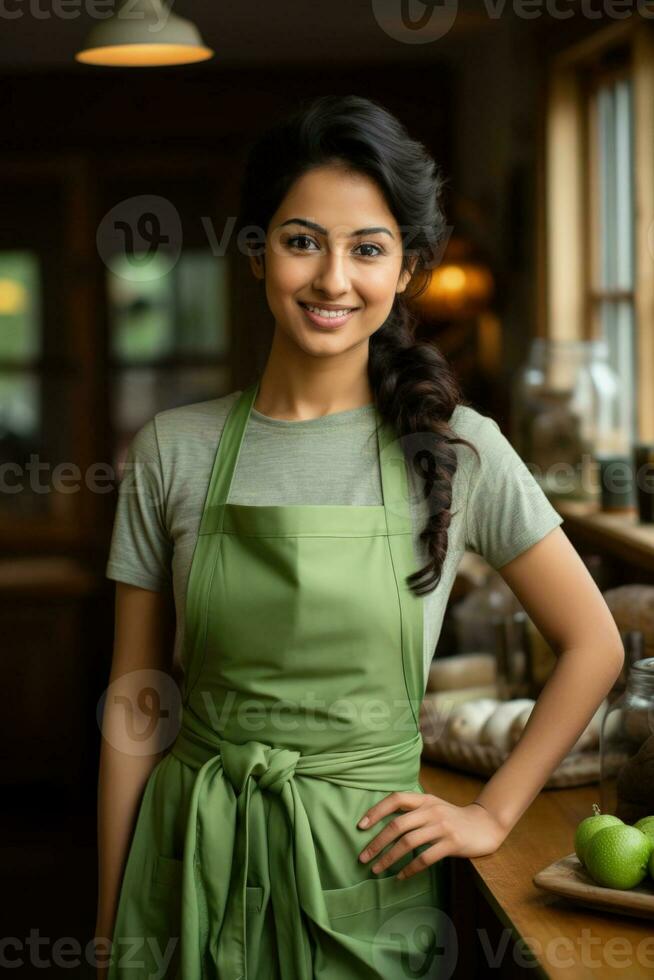 Home baker turned entrepreneur amidst buttercream yellow fresh apple green and warm cinnamon surroundings photo