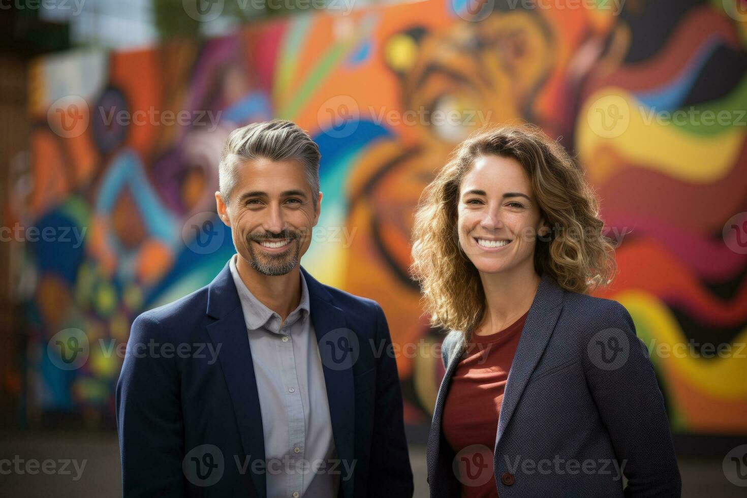 Two Innovative business leaders gather at local park framed by colorful artistic murals photo