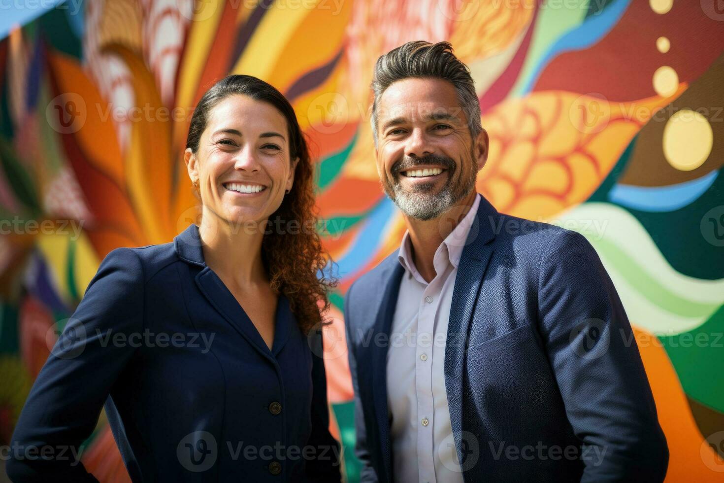 Two Innovative business leaders gather at local park framed by colorful artistic murals photo