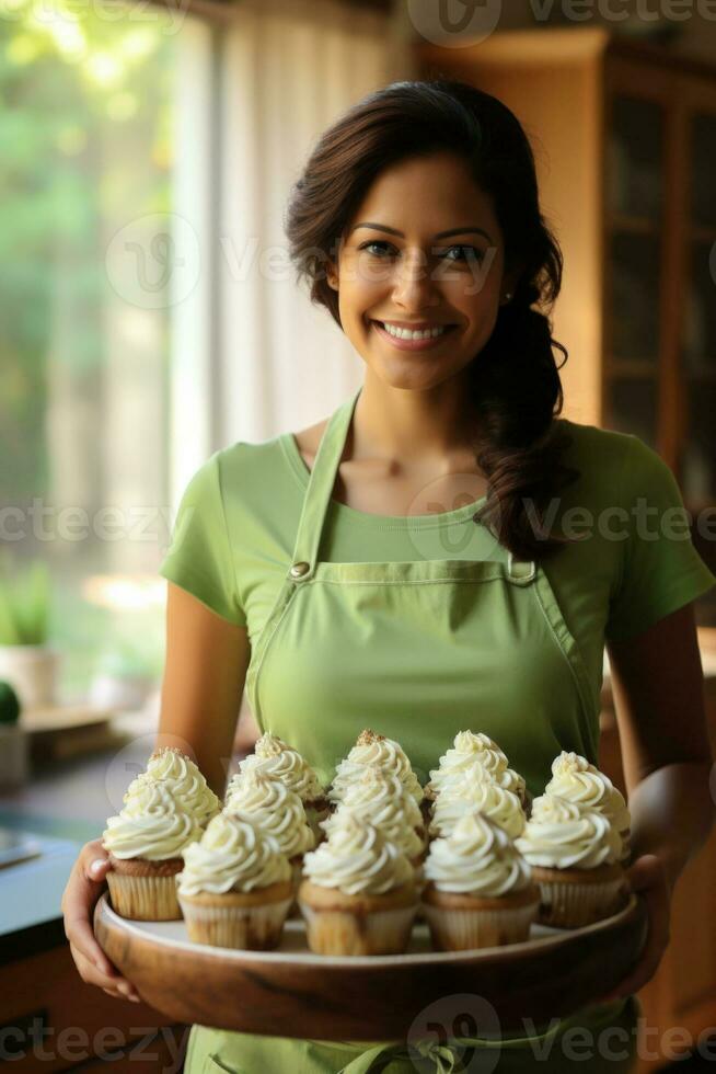 Home baker turned entrepreneur amidst buttercream yellow fresh apple green and warm cinnamon surroundings photo