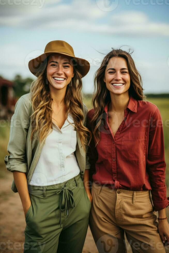 dos rural empresarios colaborando en un Dom besado campo matices de casa de Campo crema animado verde y granero rojo eco a lo largo de foto
