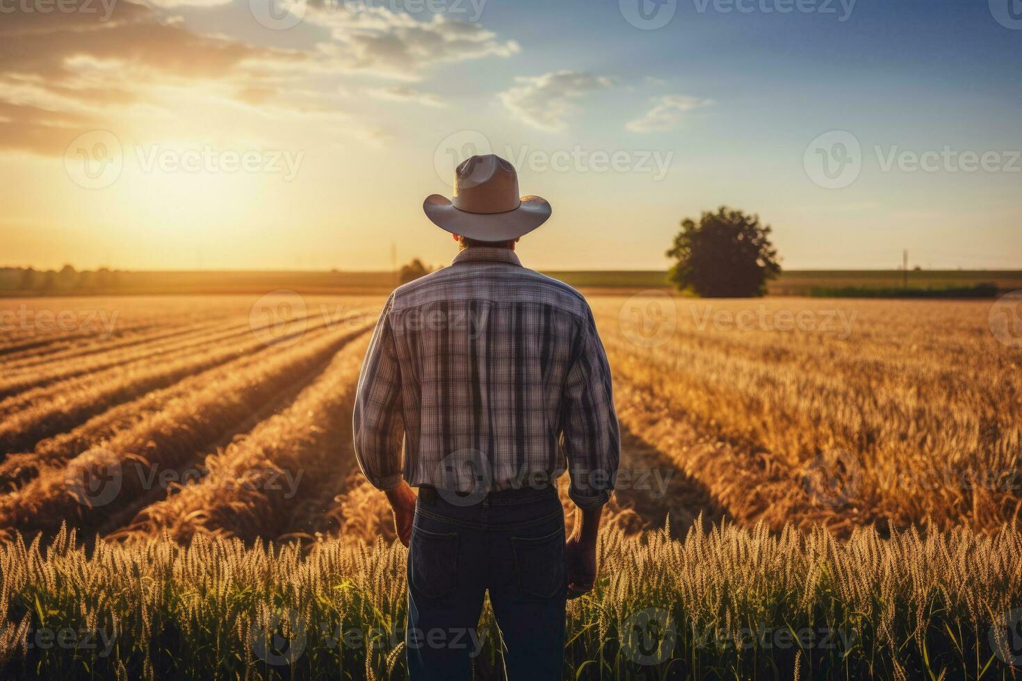 rural empresario tendiendo a vibrante tierras de cultivo antecedentes con vacío espacio para texto foto