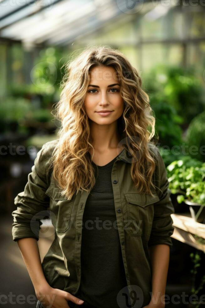 Eco craft entrepreneur in lush greenhouse background with empty space for text photo