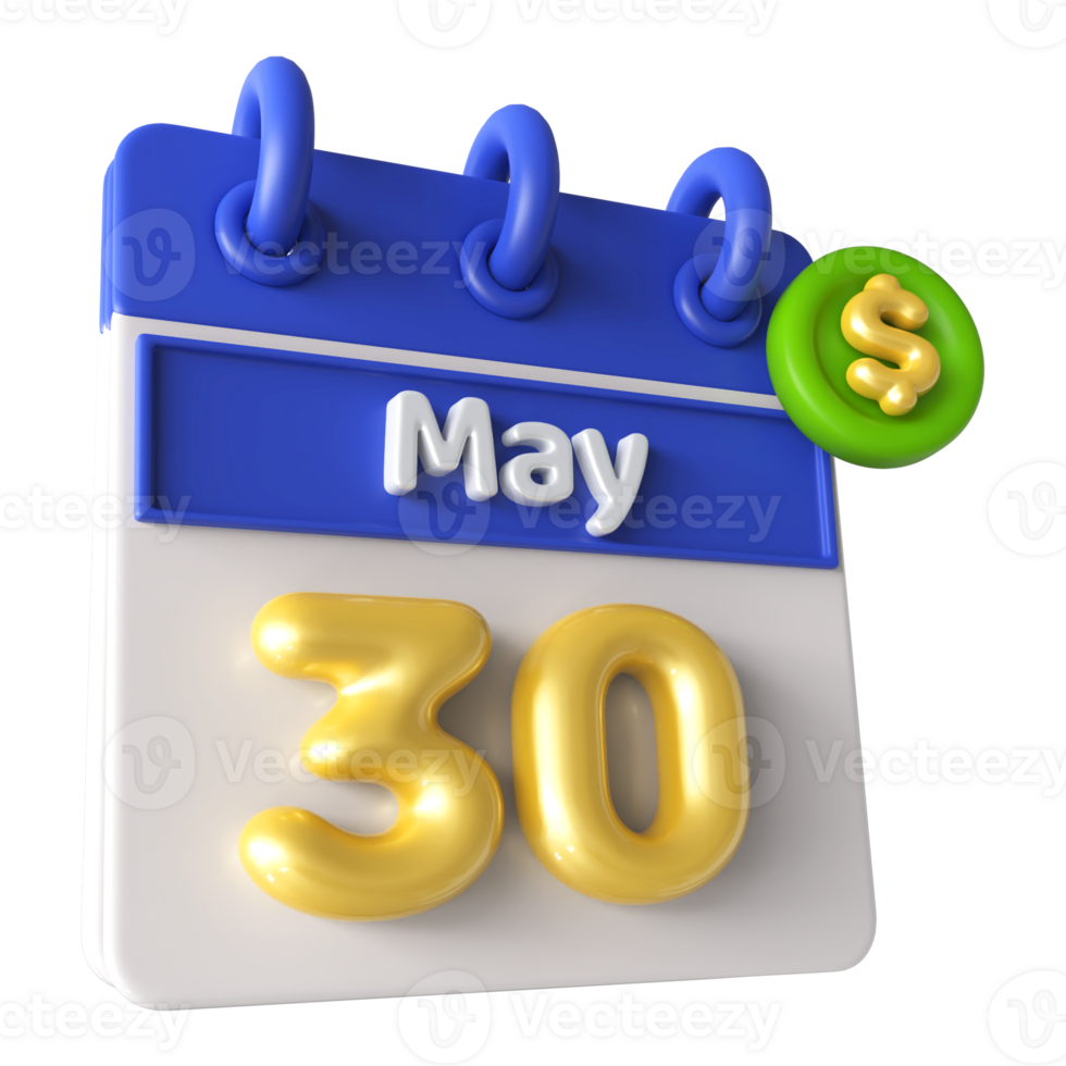 May 30th Calendar 3D With Dollar Symbol png