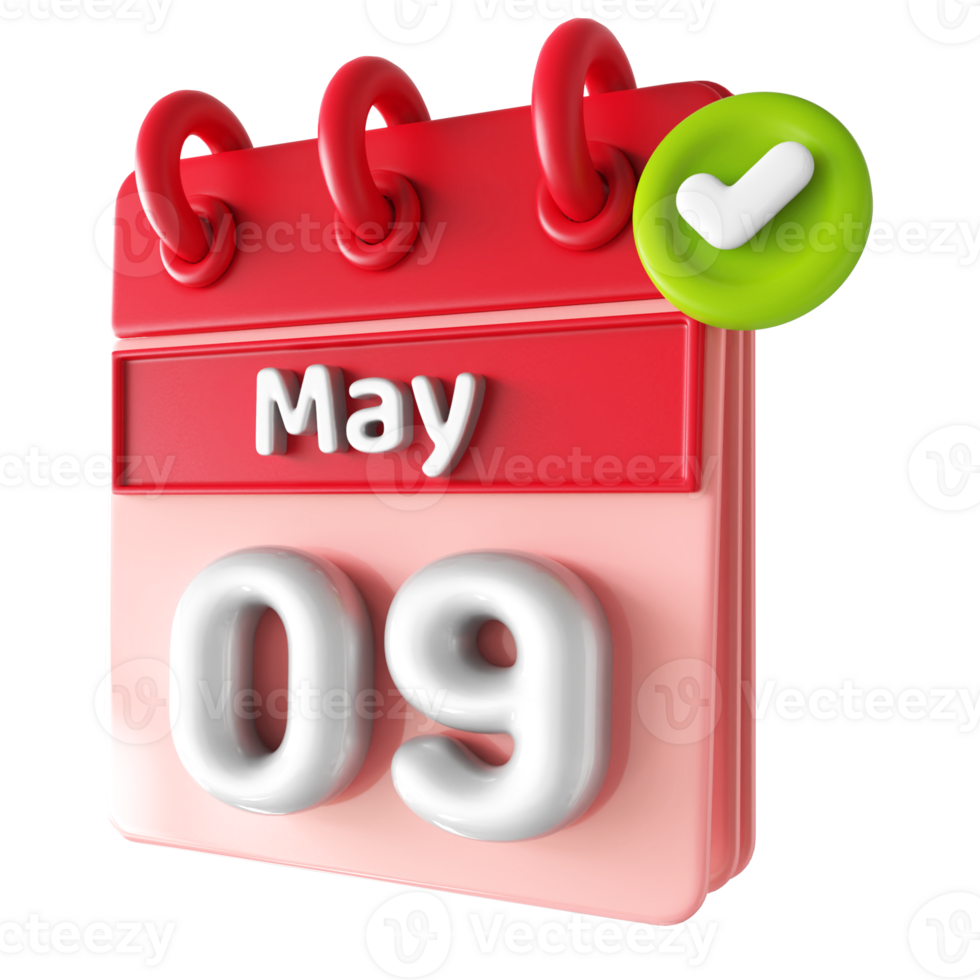 May 9th Calendar 3D With Check Mark Icon png