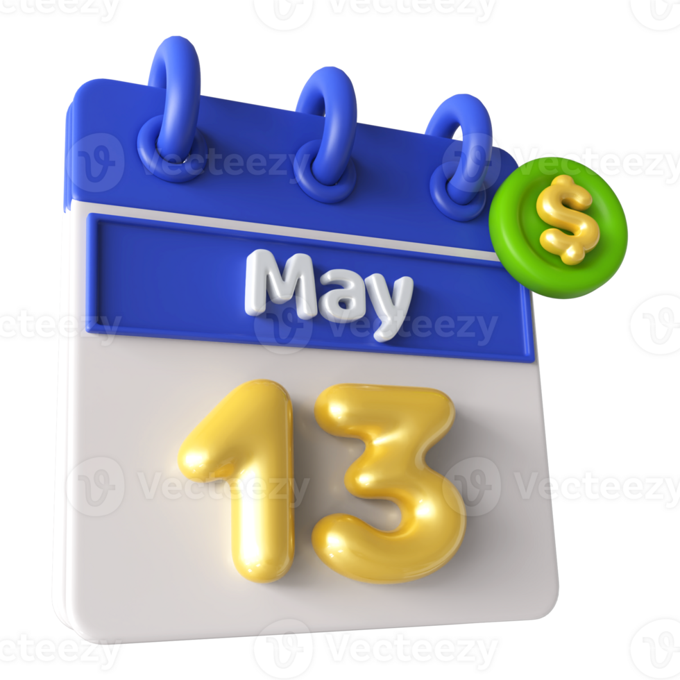 May 13th Calendar 3D With Dollar Symbol png