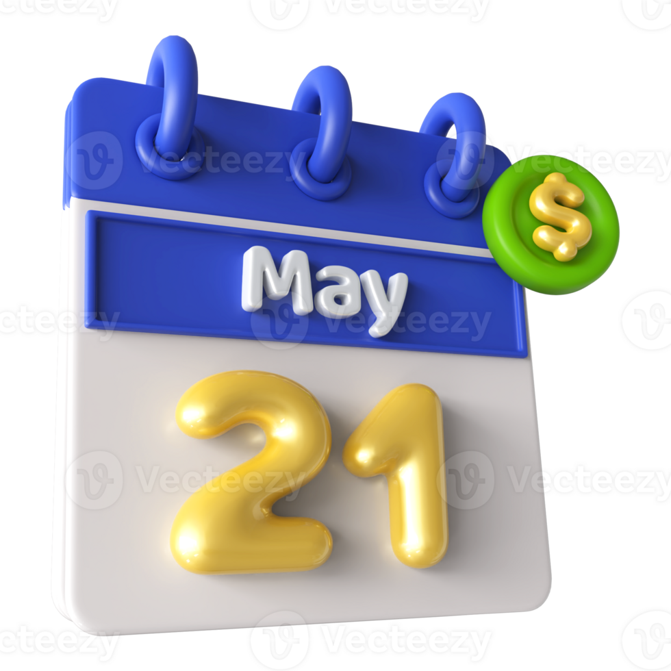 May 21st Calendar 3D With Dollar Symbol png