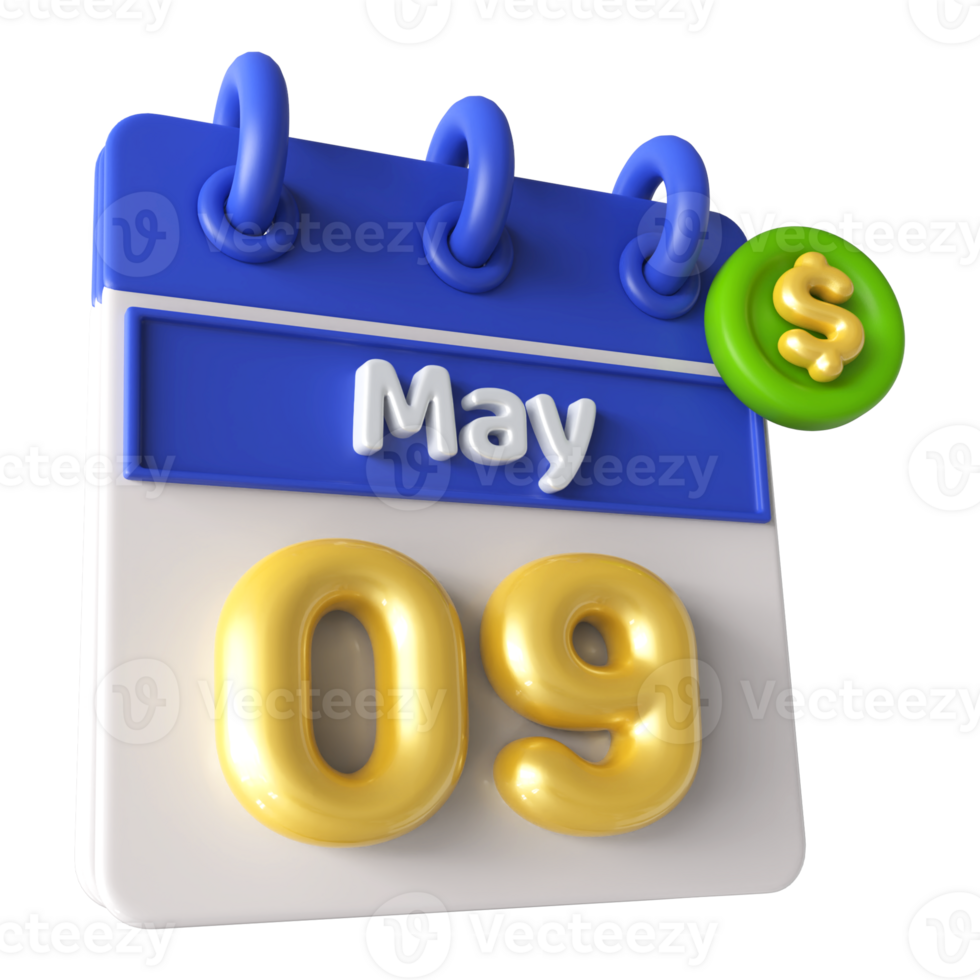 May 9th Calendar 3D With Dollar Symbol png