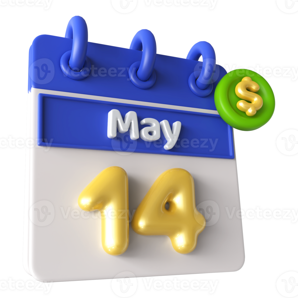 May 14th Calendar 3D With Dollar Symbol png