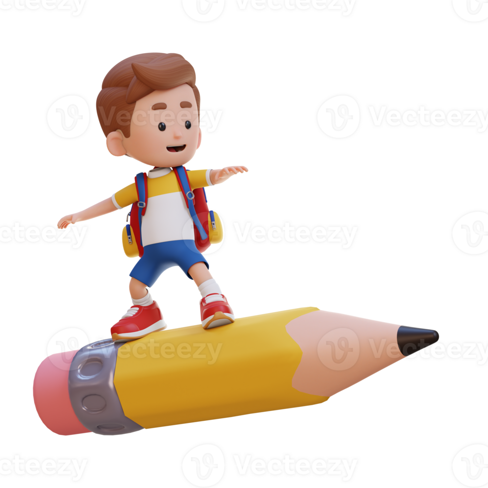 3D kid character standing riding a pencil png