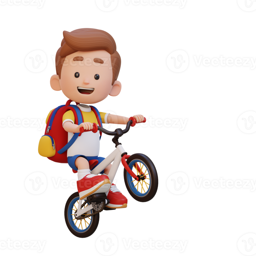 3D kid character ride bike go to school png