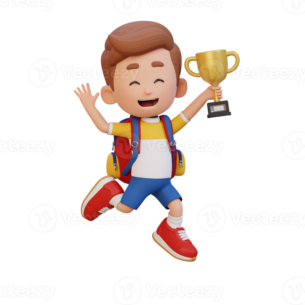 3D kid character celebrating win holding a trophy png