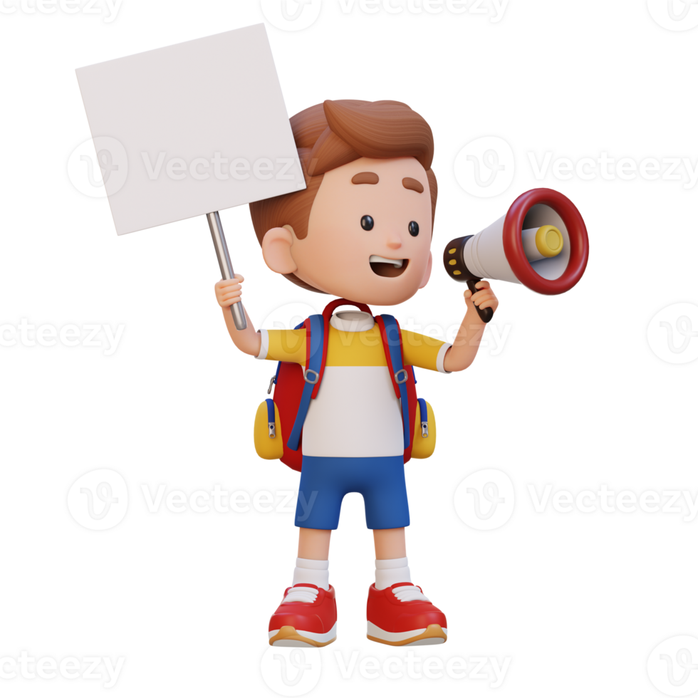 3D kid character holding a blank placard png
