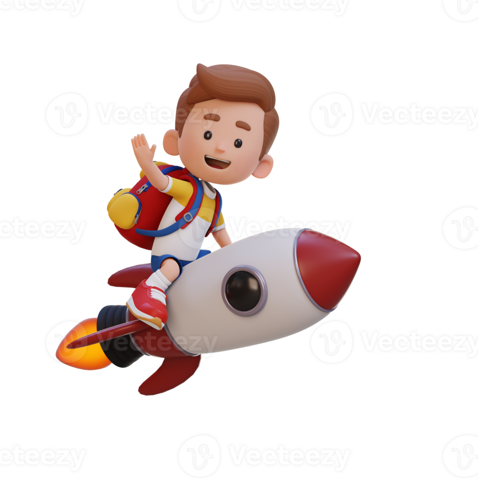 3D kid character riding a rocket and waving hand png