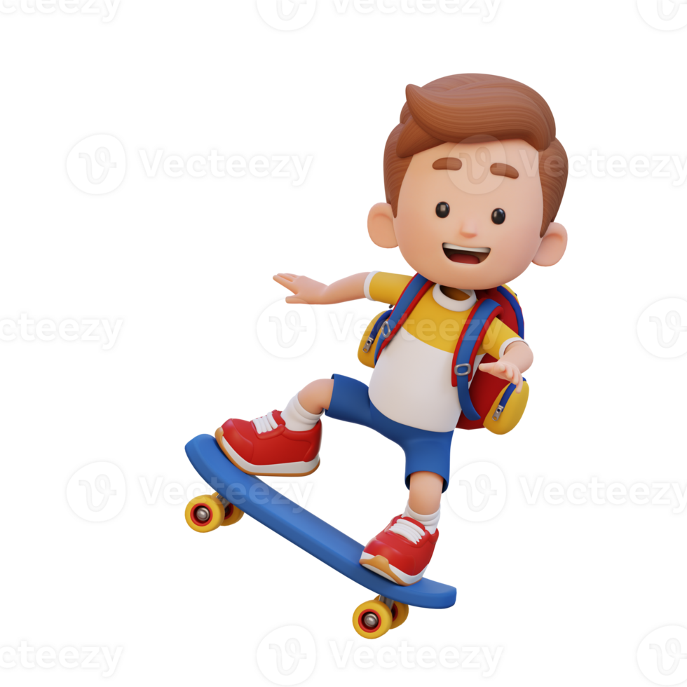 3D kid character ride skateboard png