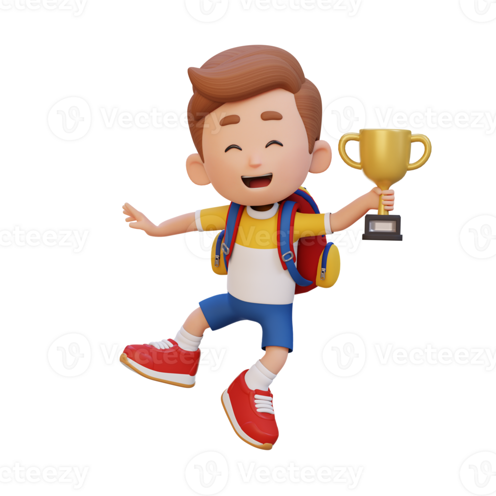3D kid character celebrating win holding a trophy png