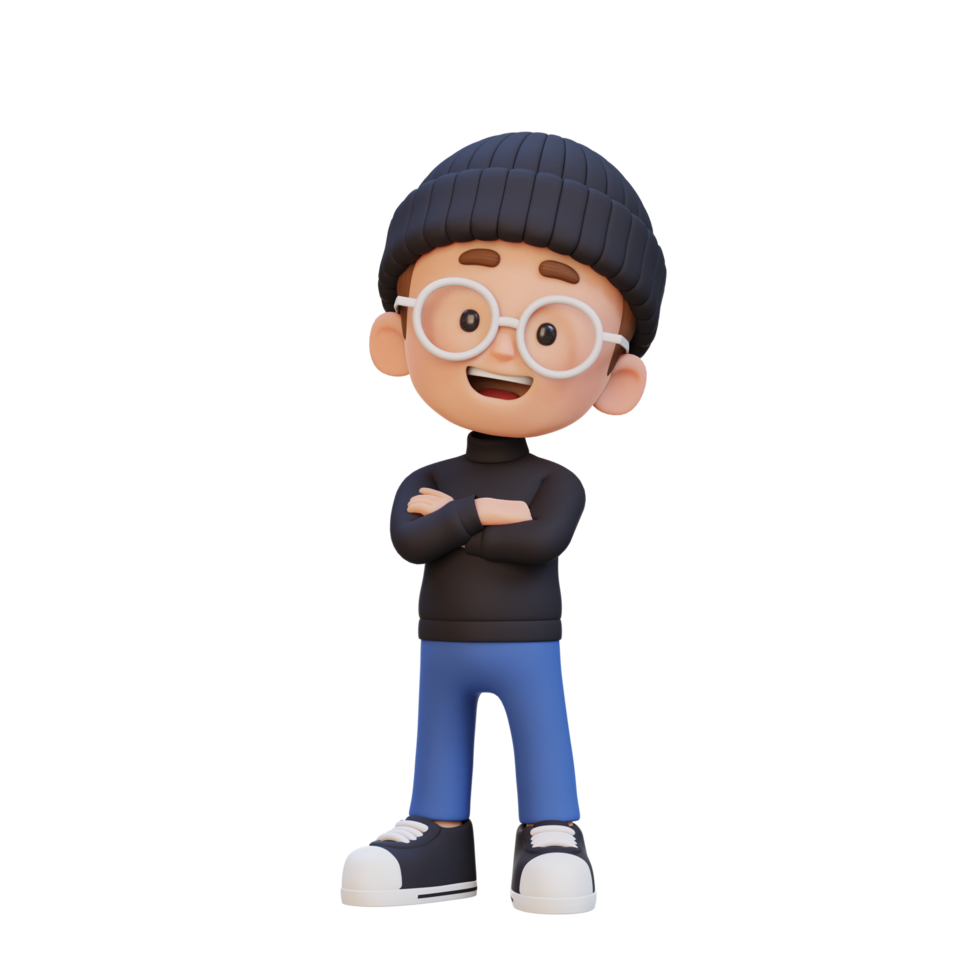 3D cute kid character in confident pose crossed hand png