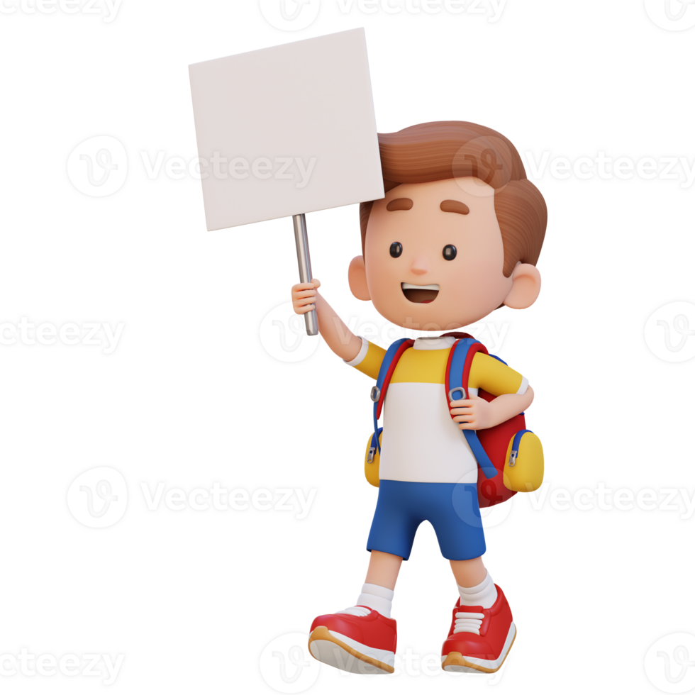 3D kid character holding a blank placard png