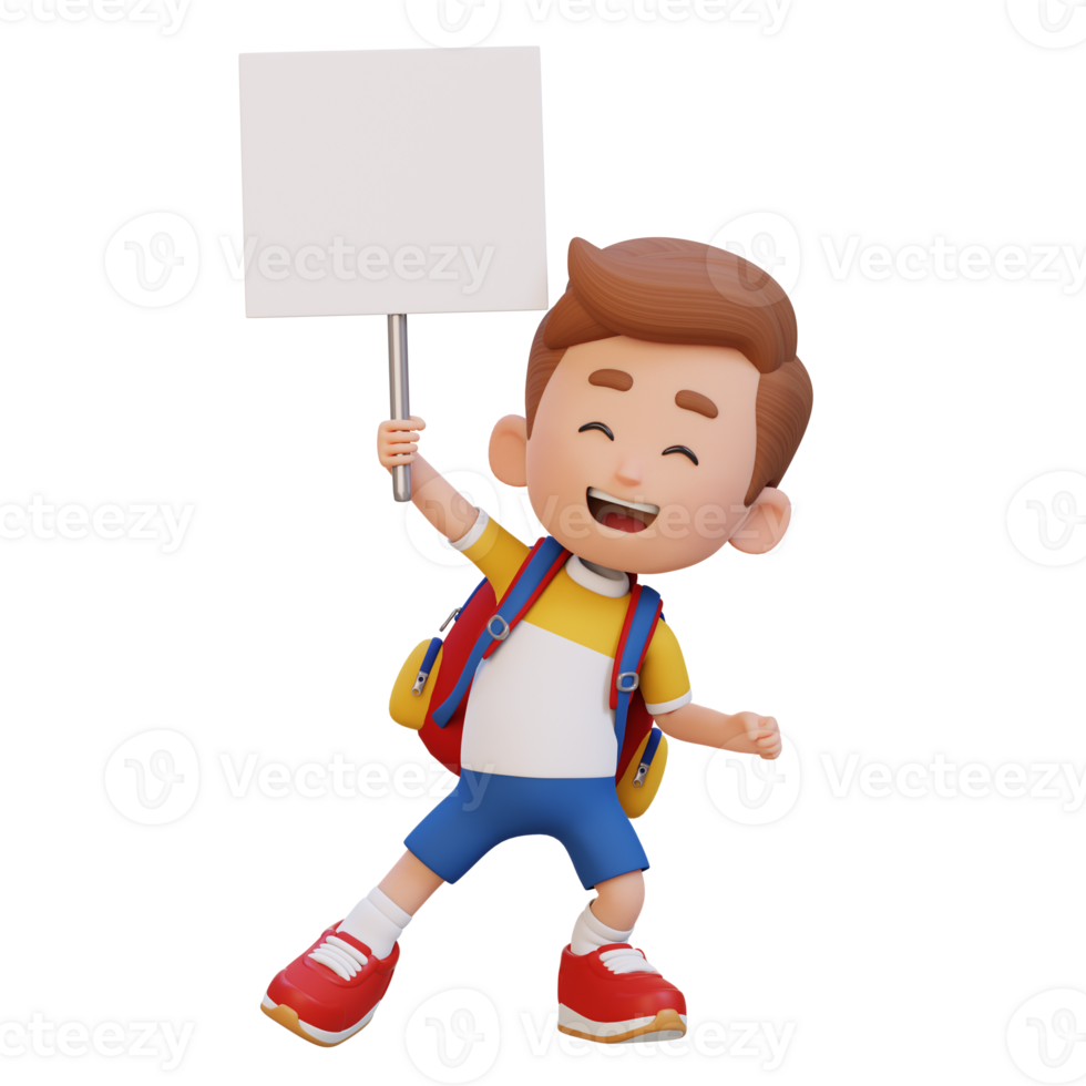 3D kid character holding a blank placard png