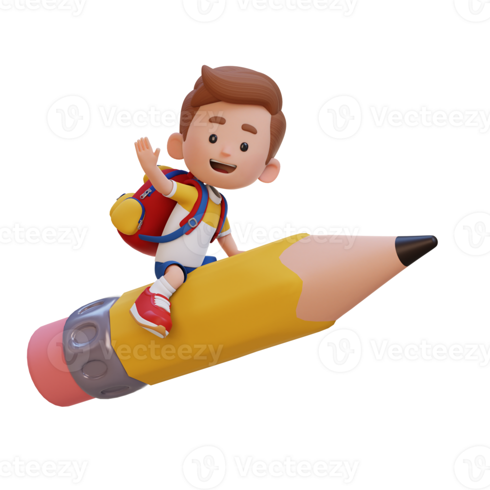 3D kid character riding a pencil and waving hand png