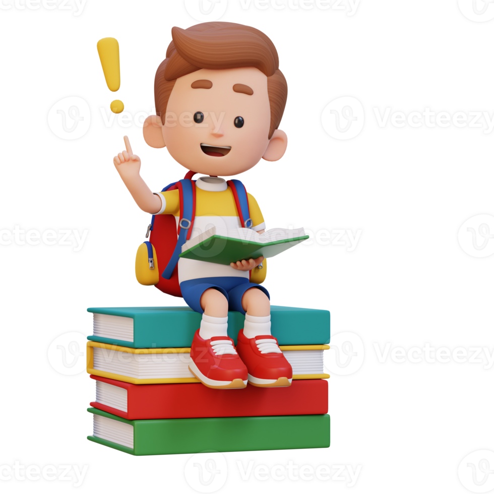 3D kid character get an idea when reading a book png