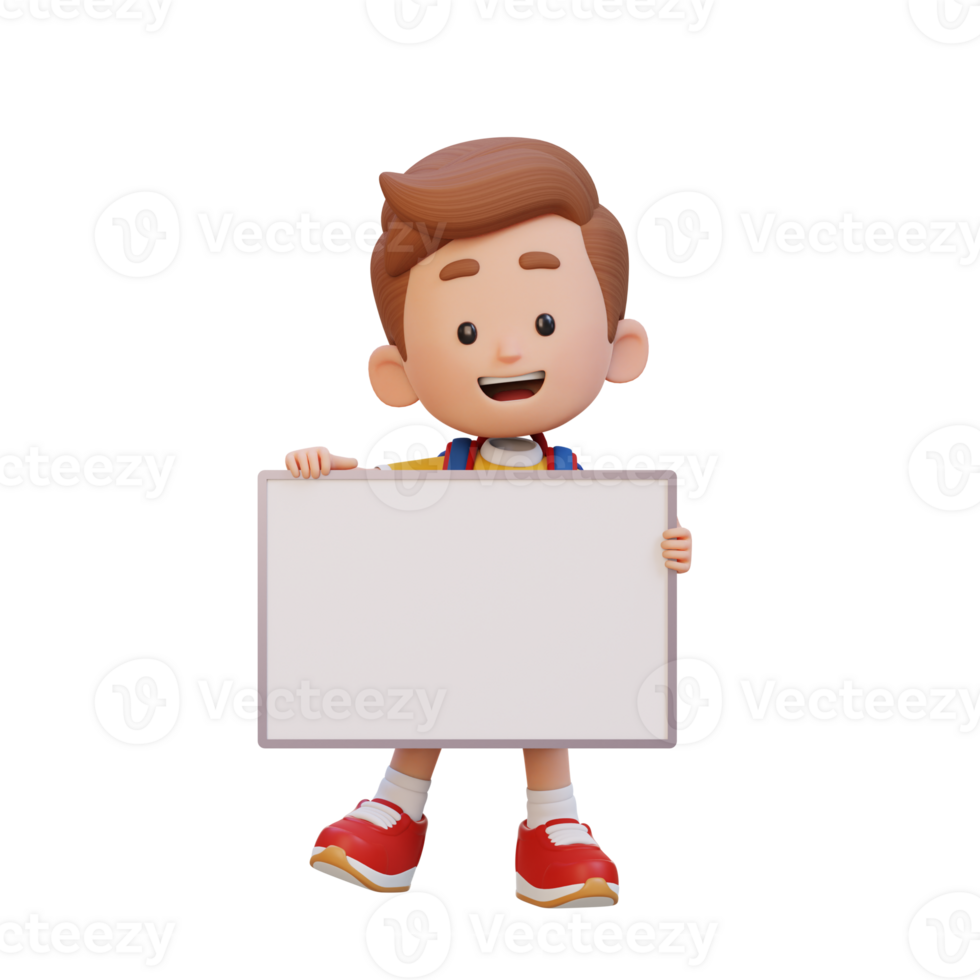 3D kid character holding a blank placard png