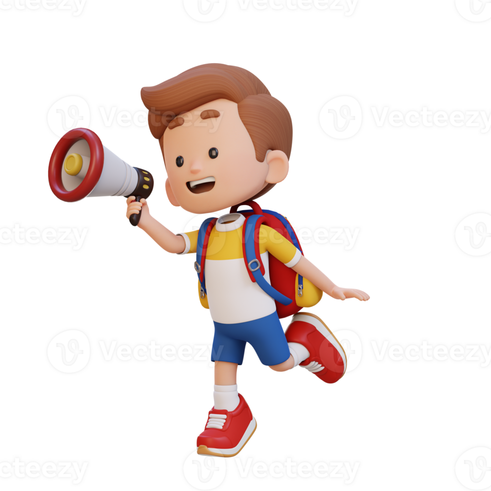 3D cute kid Character jumping and talking on Megaphone png
