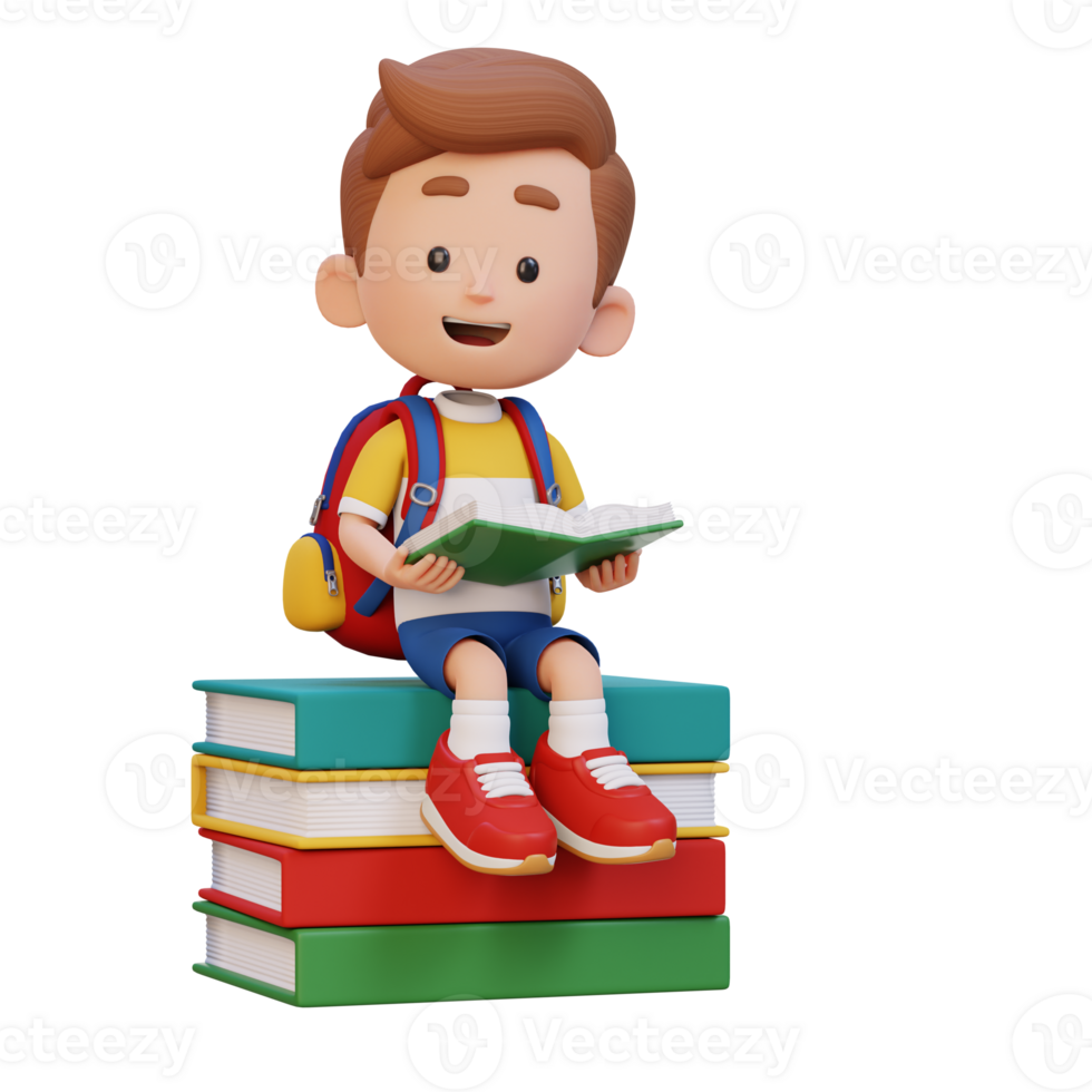 3D happy kid character reading book png