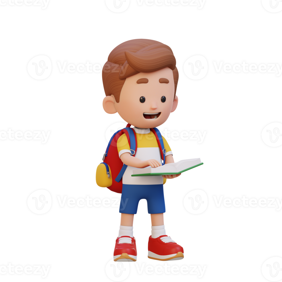 3D happy kid character reading book png