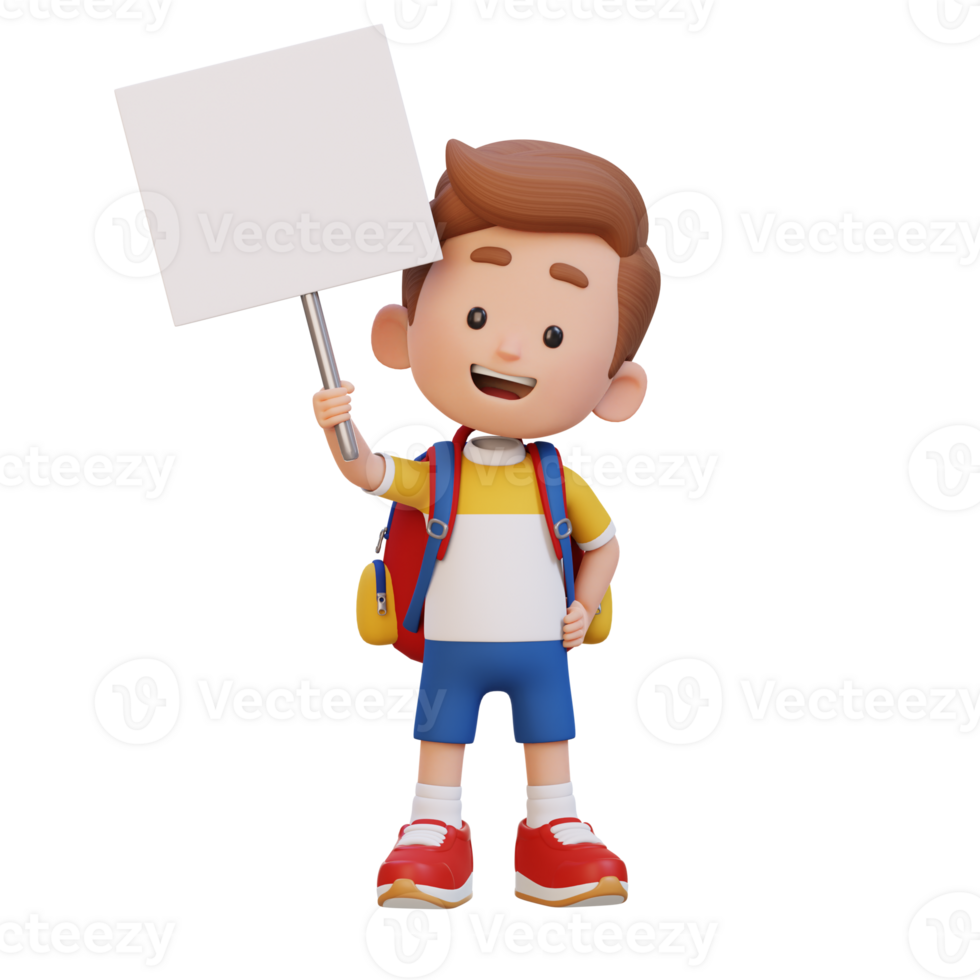 3D kid character holding a blank placard png
