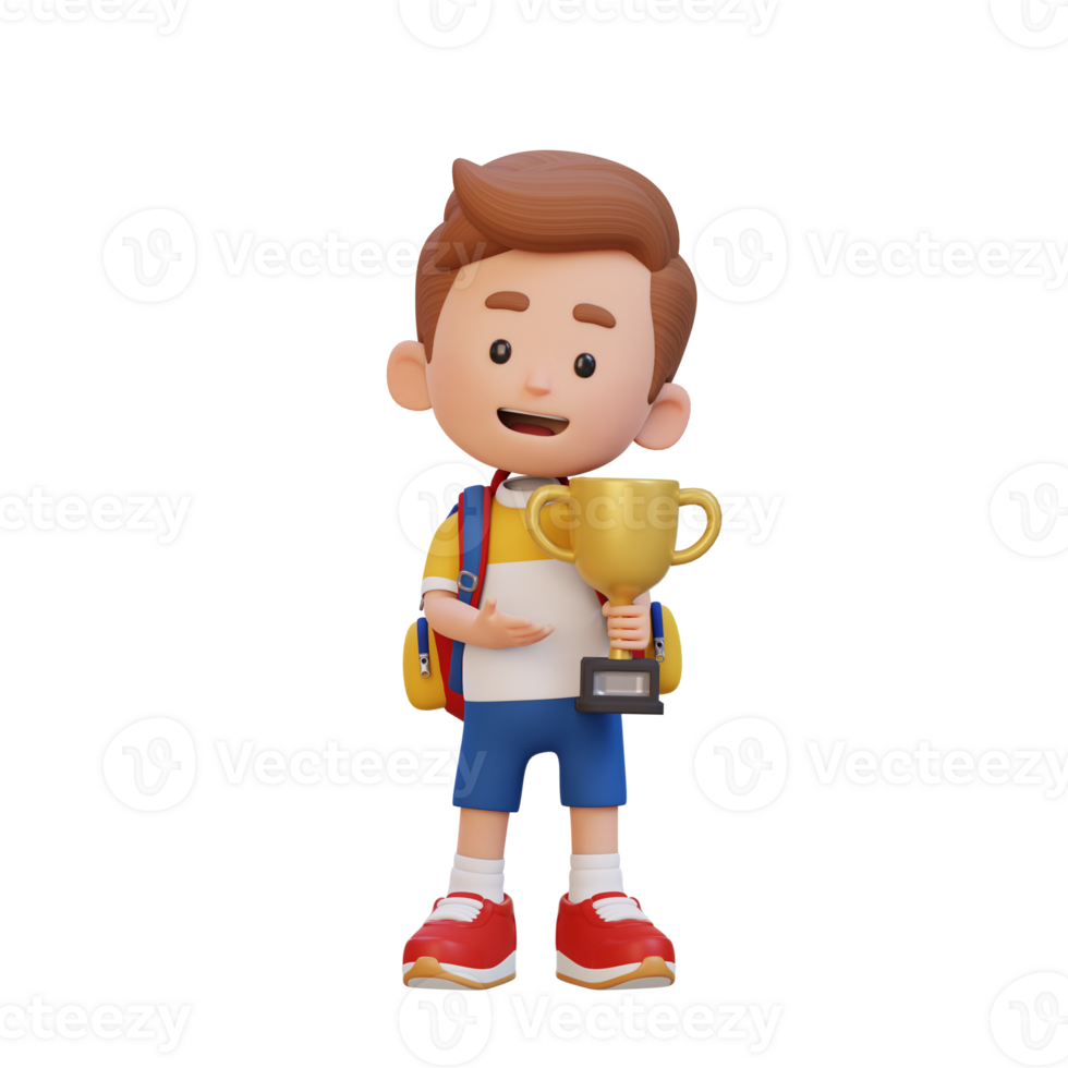 3D kid character celebrating win holding a trophy png