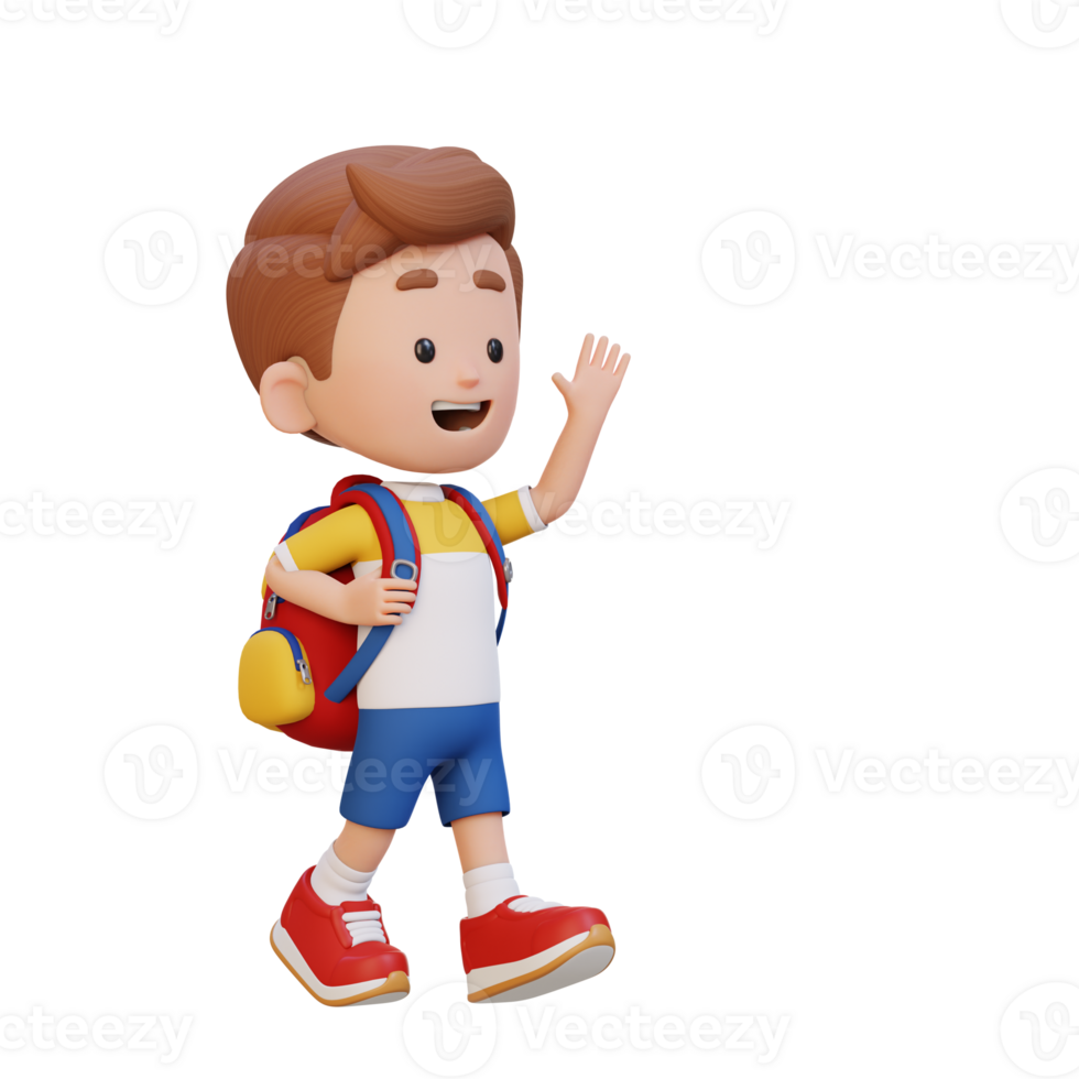 3D happy kid character walking and waving hand png