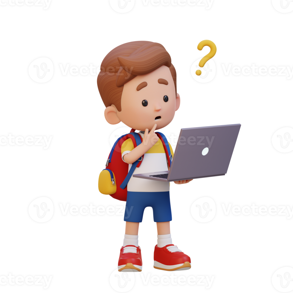 3D cute kid character confused on a laptop png