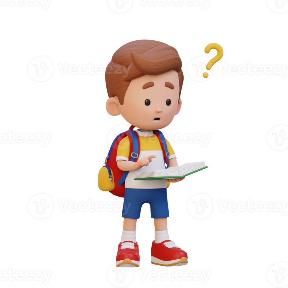 3D kid character get confused when reading a book png