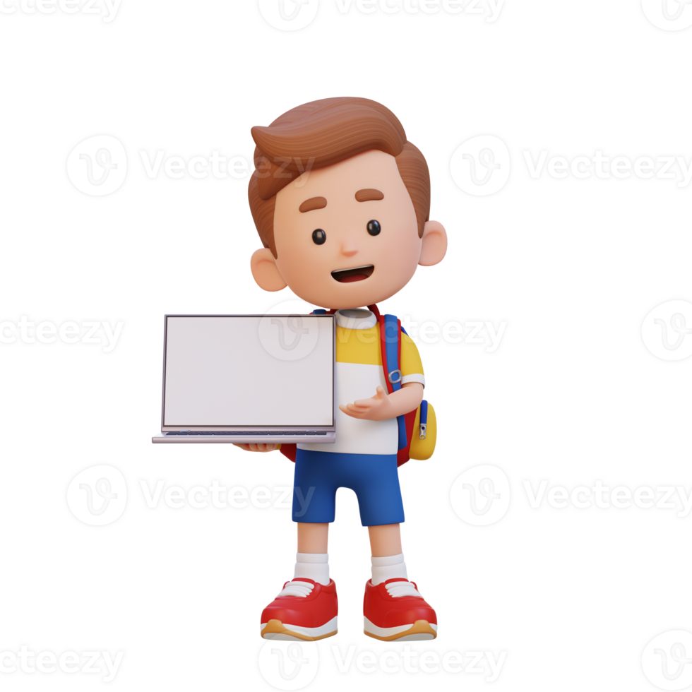 3D kid Character Holding and Presenting to a Laptop with Empty Screen png