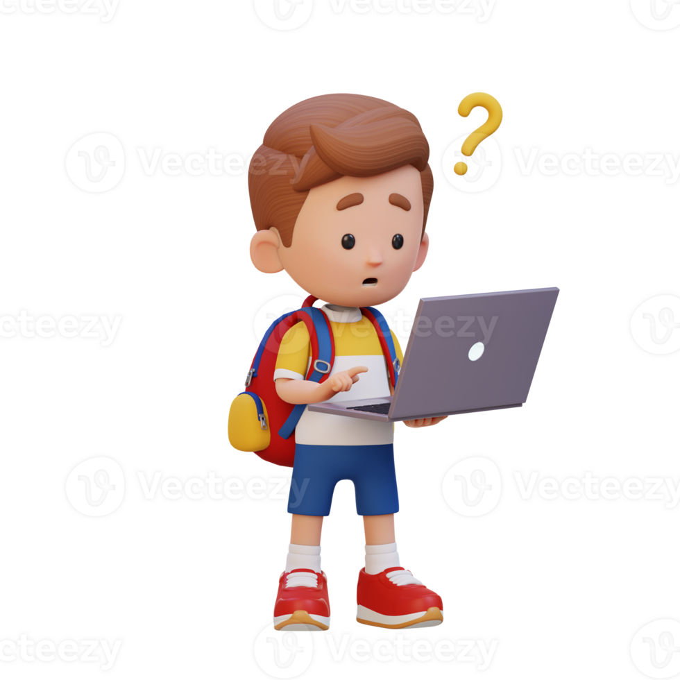 3D cute kid character confused on a laptop png