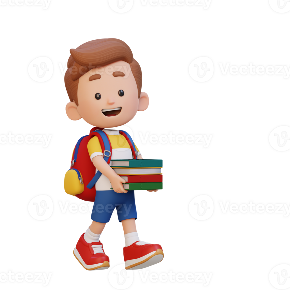 3D happy kid character holding book png