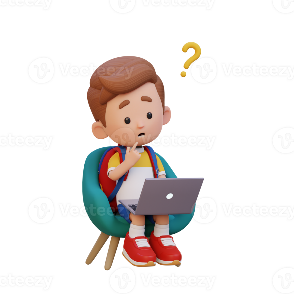 3D cute kid character confused on a laptop png