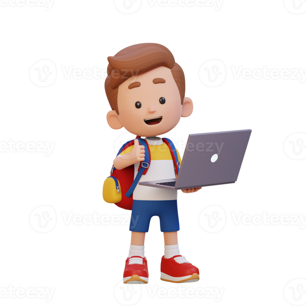 3D cute kid character give a thumb up while holding a laptop png