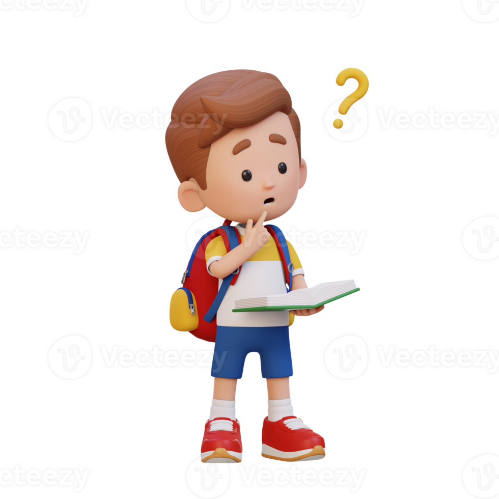 3D kid character get confused when reading a book png