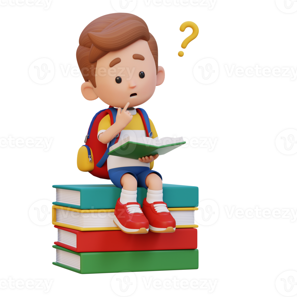 3D kid character get confused when reading a book png