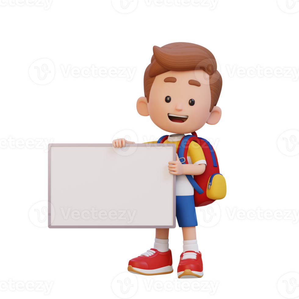 3D kid character holding a blank placard png