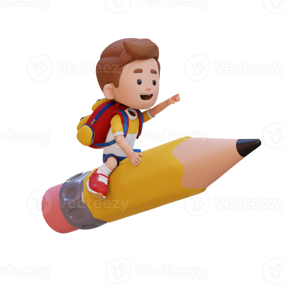 3D kid character riding a pencil and pointing hand png