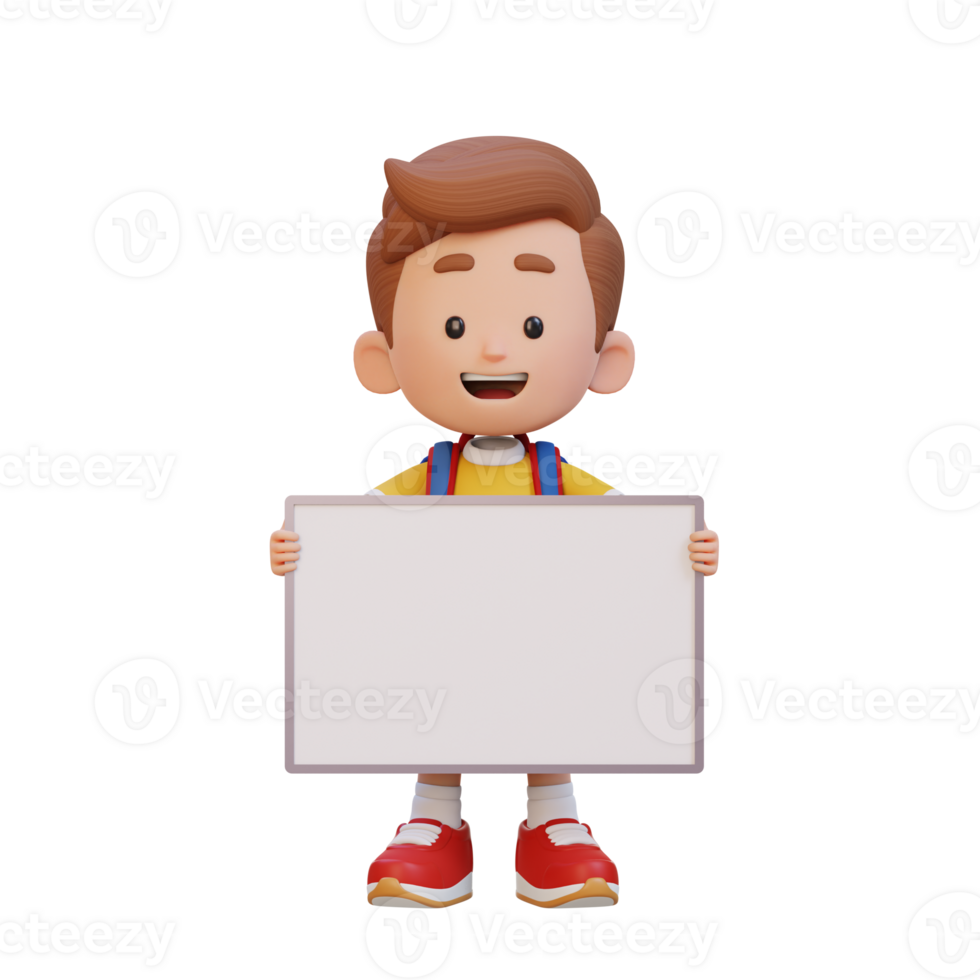 3D kid character holding a blank placard png