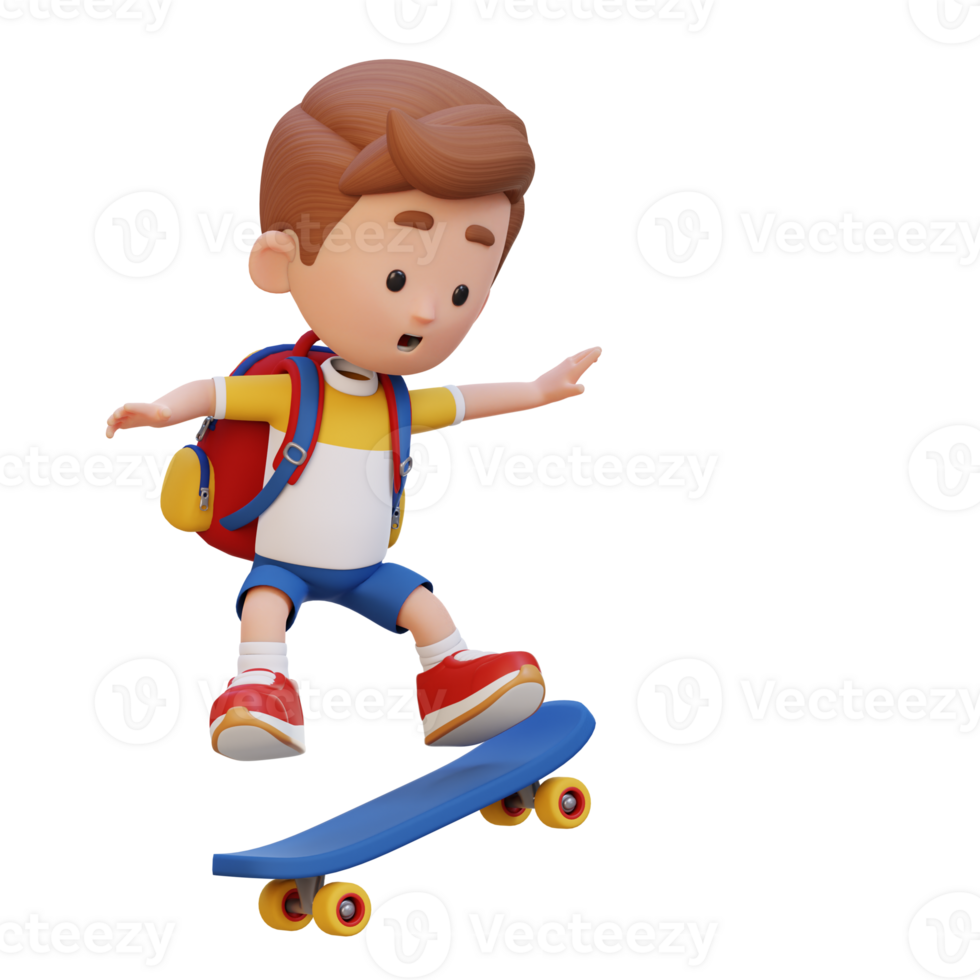 3D kid character ride skateboard png