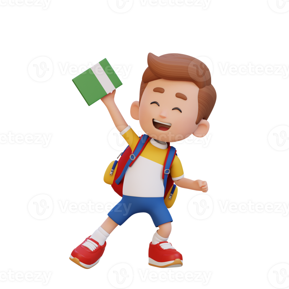 3D happy kid character holding book png