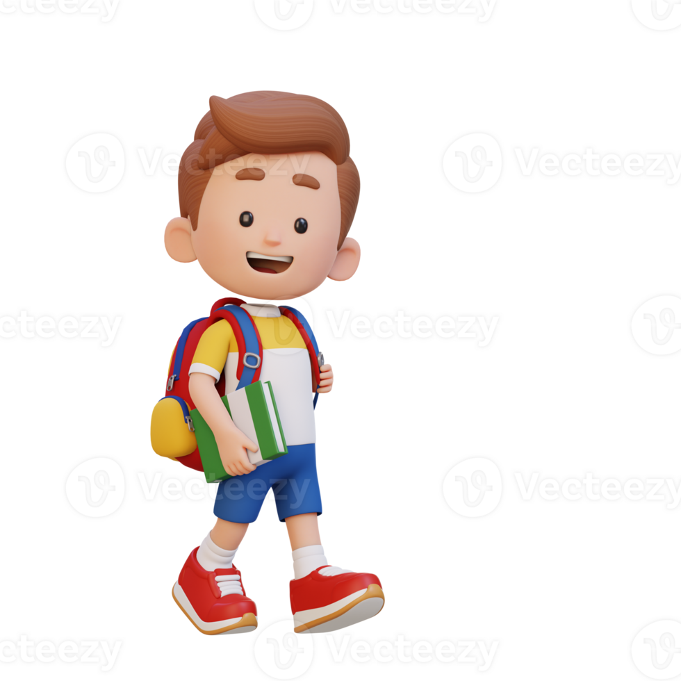3D happy kid character walking go to school holding book png