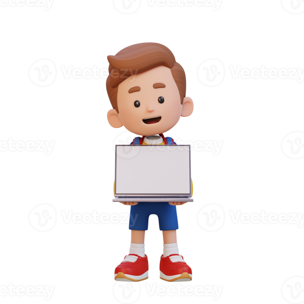 3D kid Character Holding and Presenting to a Laptop with Empty Screen png