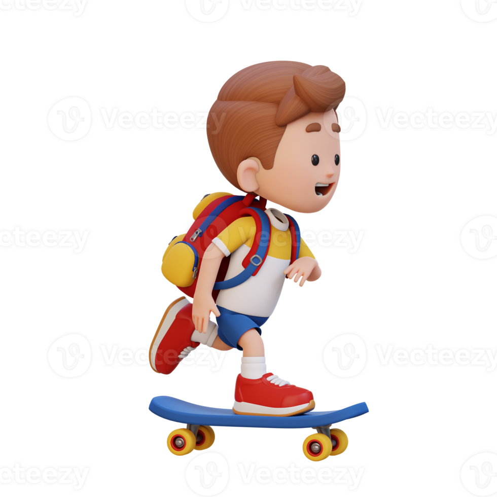3D kid character ride skateboard png