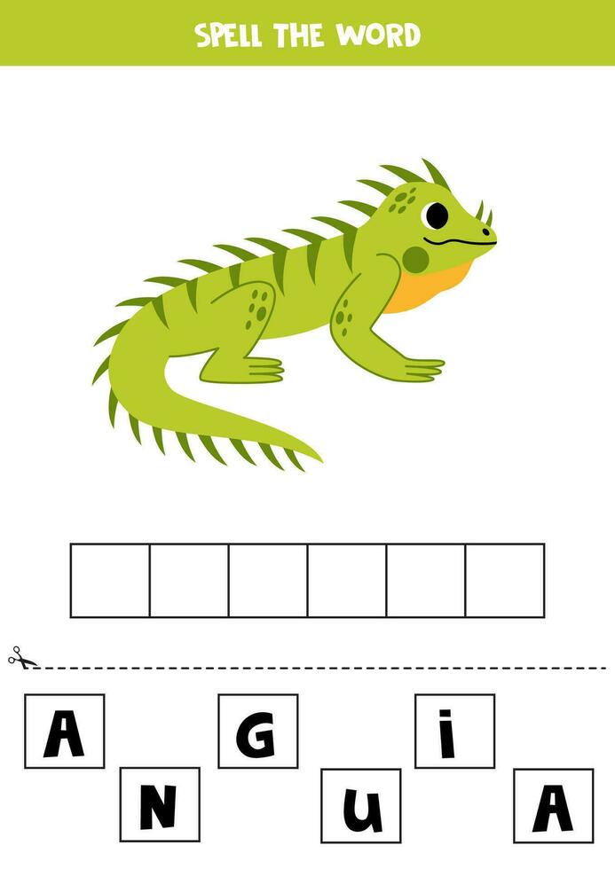 ortografía juego para preescolar niños. linda dibujos animados verde iguana vector